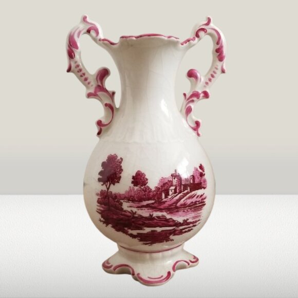 ERPHILA GERMANY Antique White Vase Hand Painted Pink Countryside Landscape - Picture 1 of 13